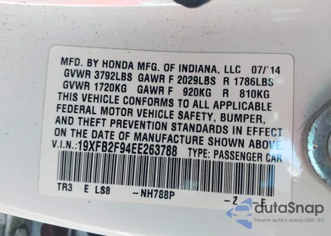 2014 Honda Civic Ex-L from USA, damaged, VIN 19XFB2F94EE263788
